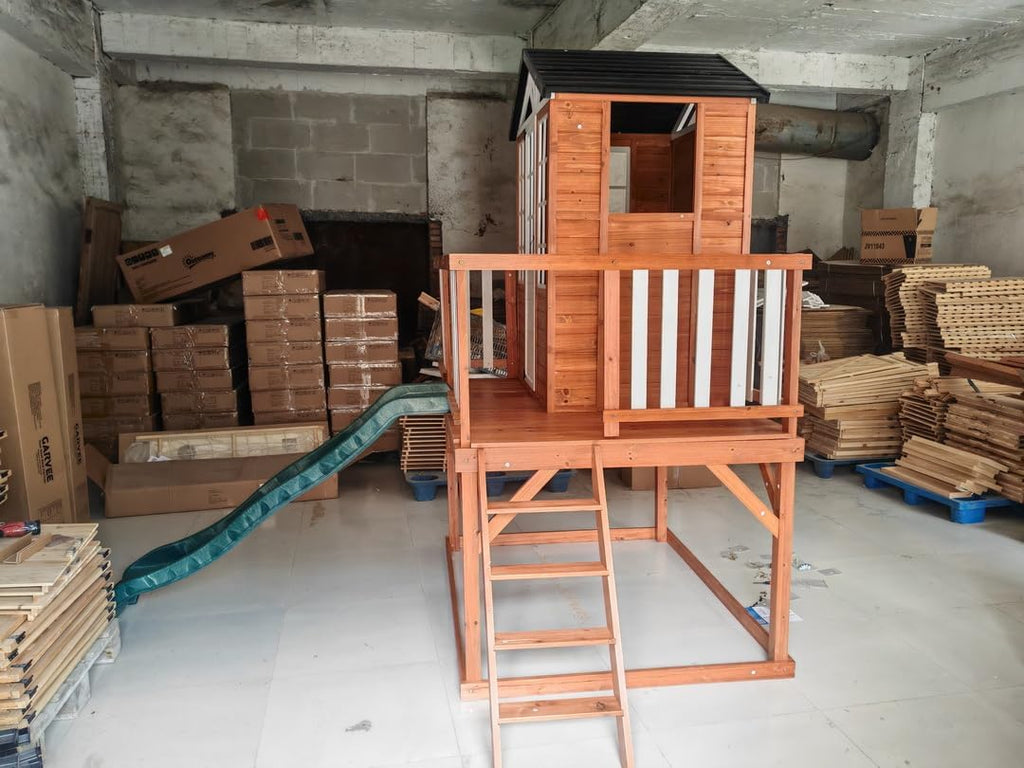 Kids Playhouse with Slide, Climbing Wall, Door & Windows, Outdoor | Outdoor wooden kids playhouse with slide climbing