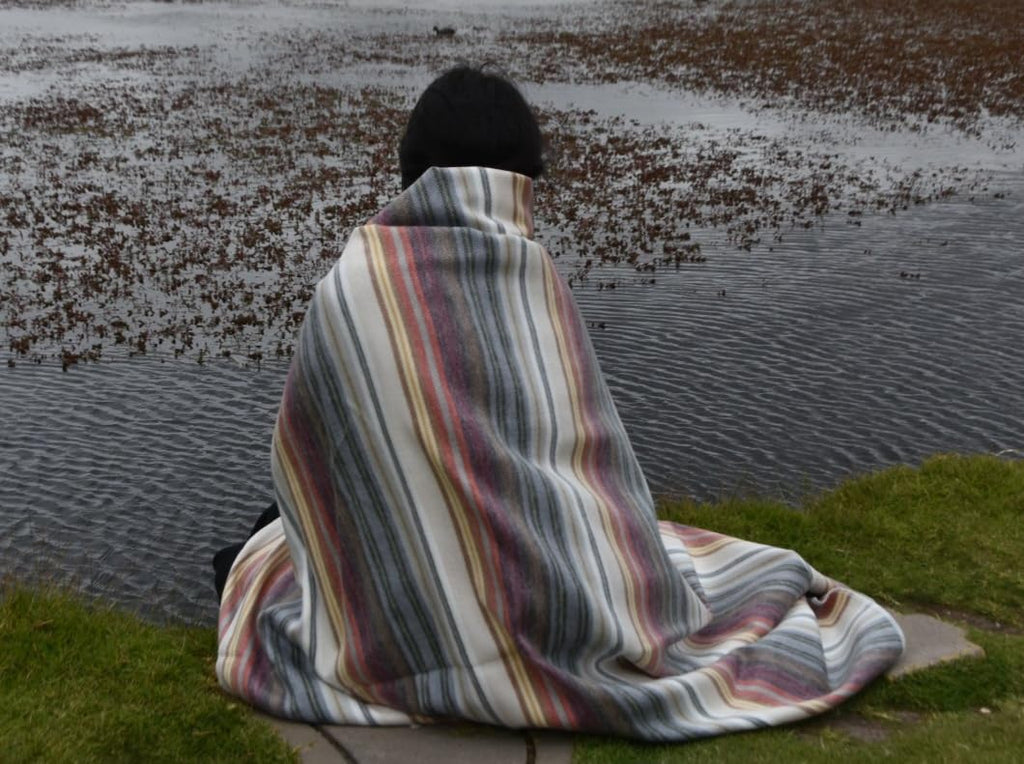 Wool Throw Blanket, Ultra-Soft, Lightweight & Warm, Breathable, Non-Itchy Hypoallergenic Blanket, Earth Tone Stripe