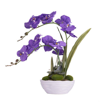 Large Silk Potted Orchid Arrangement in Oval Ribbed Ceramic Pot, Purple