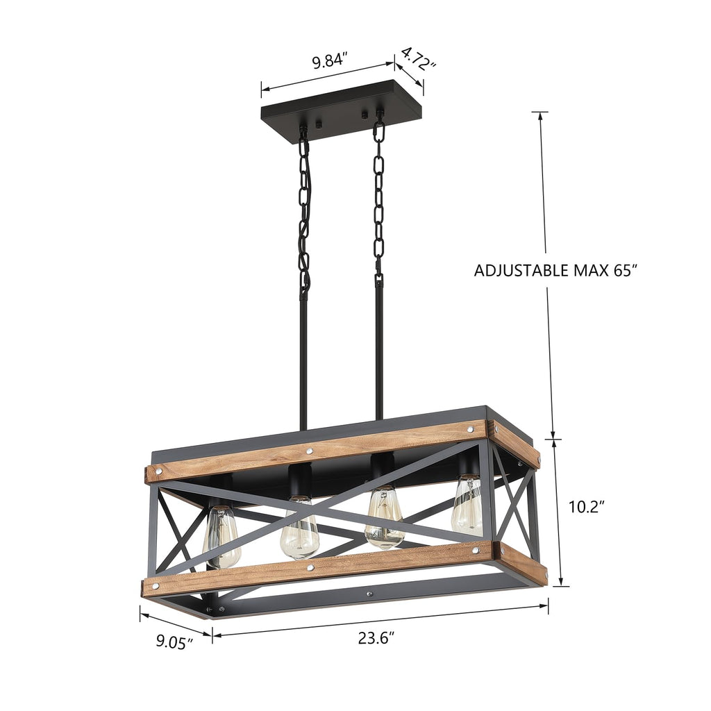 Rustic Farmhouse Wood Kitchen Island Lighting, 4 Lights Rectangular Pendant Light Fixture, Adjustable Chain Oak Wood