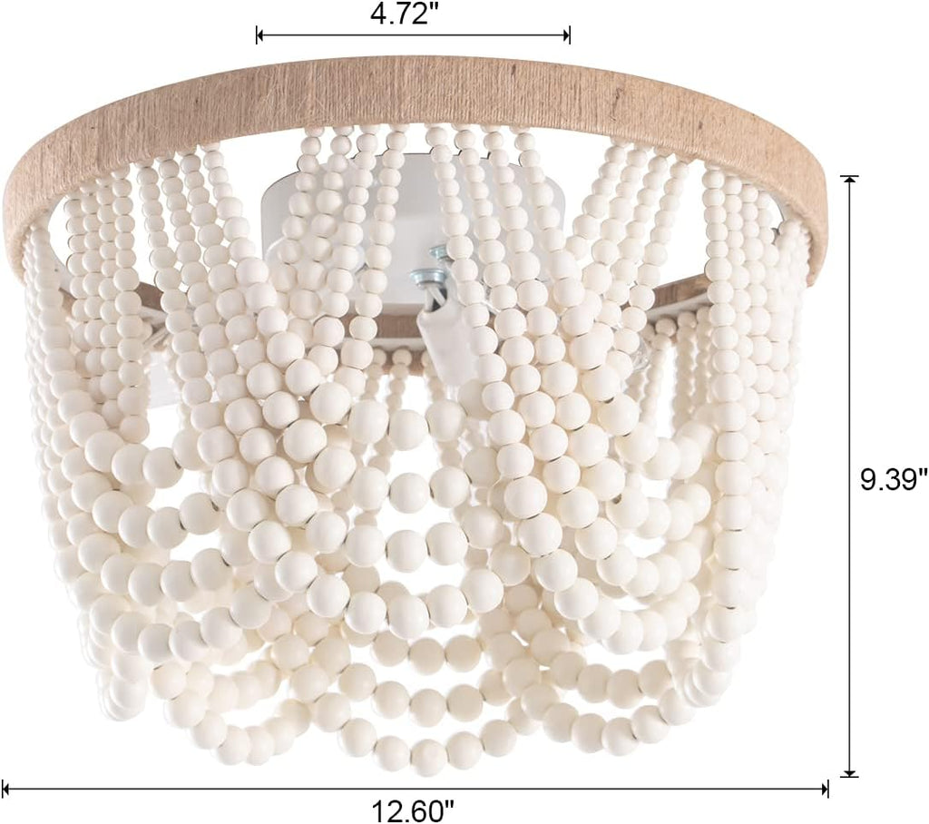 Bohemia Wood Beaded Flush Mount Ceiling Light Antique Rustic Mini Chandelier White Finishing Room, Girl Room