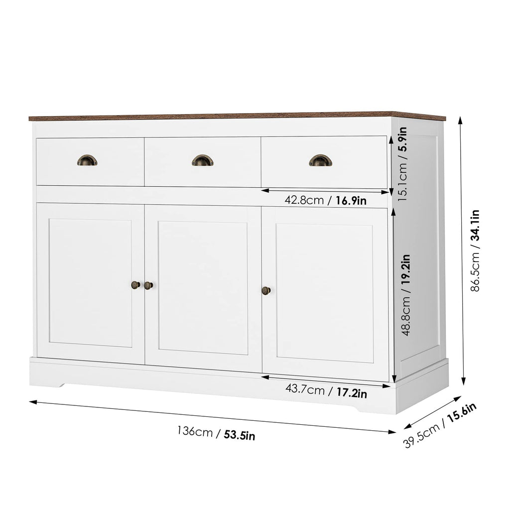 White Buffet Cabinet Storage Sideboard Farmhouse Server Bar Wine Cabinet with 3 Drawers & 3 Doors Adjustable Shelves