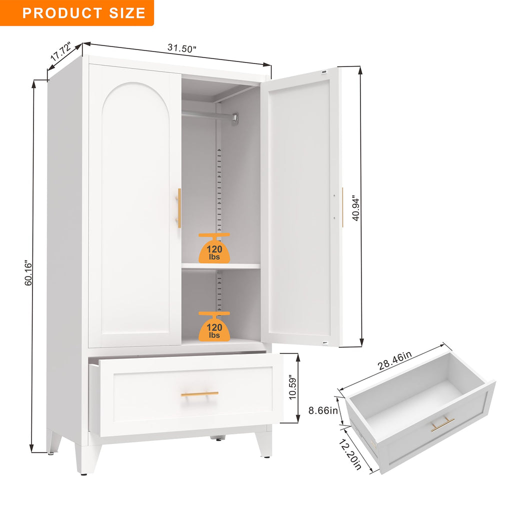 61'' Metal Armoire Wardrobe Closet with Doors