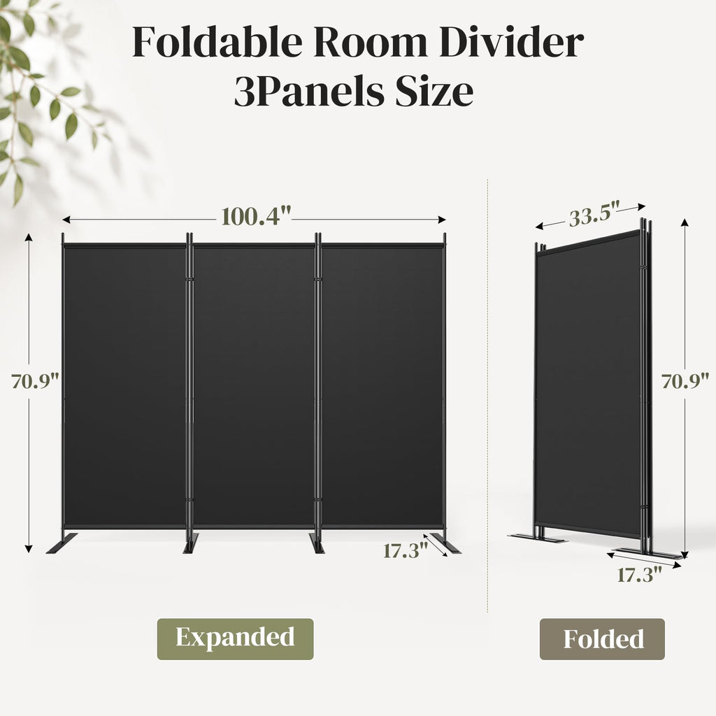 3 Panel Room Divider 100" W x 71" H Folding Privacy Screen, Black
