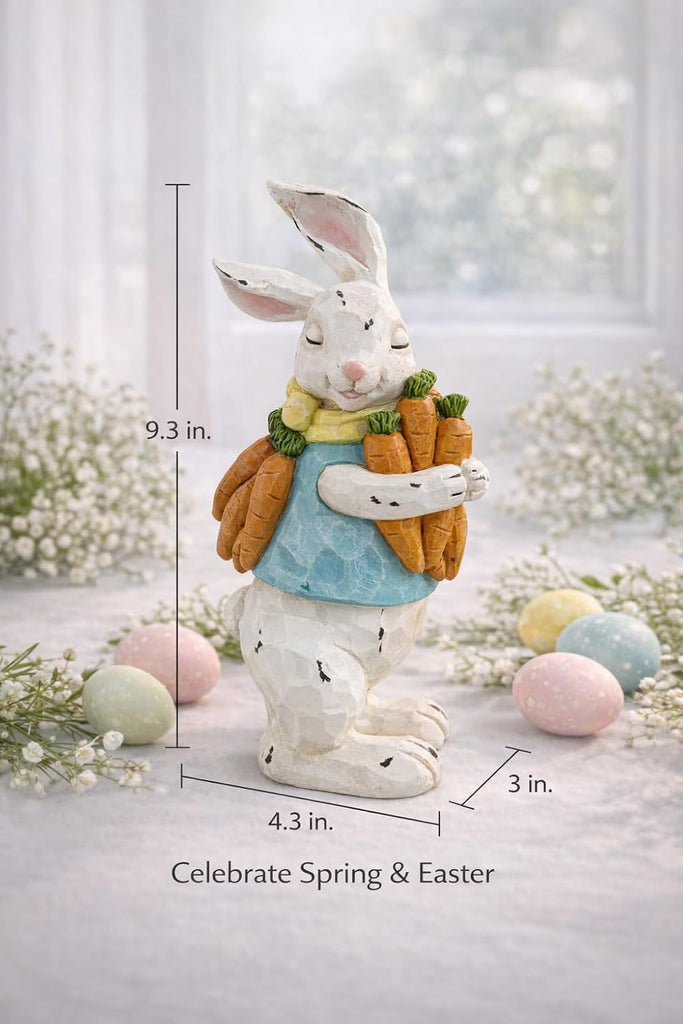 Easter Decorations Bunny Resin Figurine with Carrots - 9.3'' Hand-Painted Rabbit Outdoor Statue, Spring Farmhouse