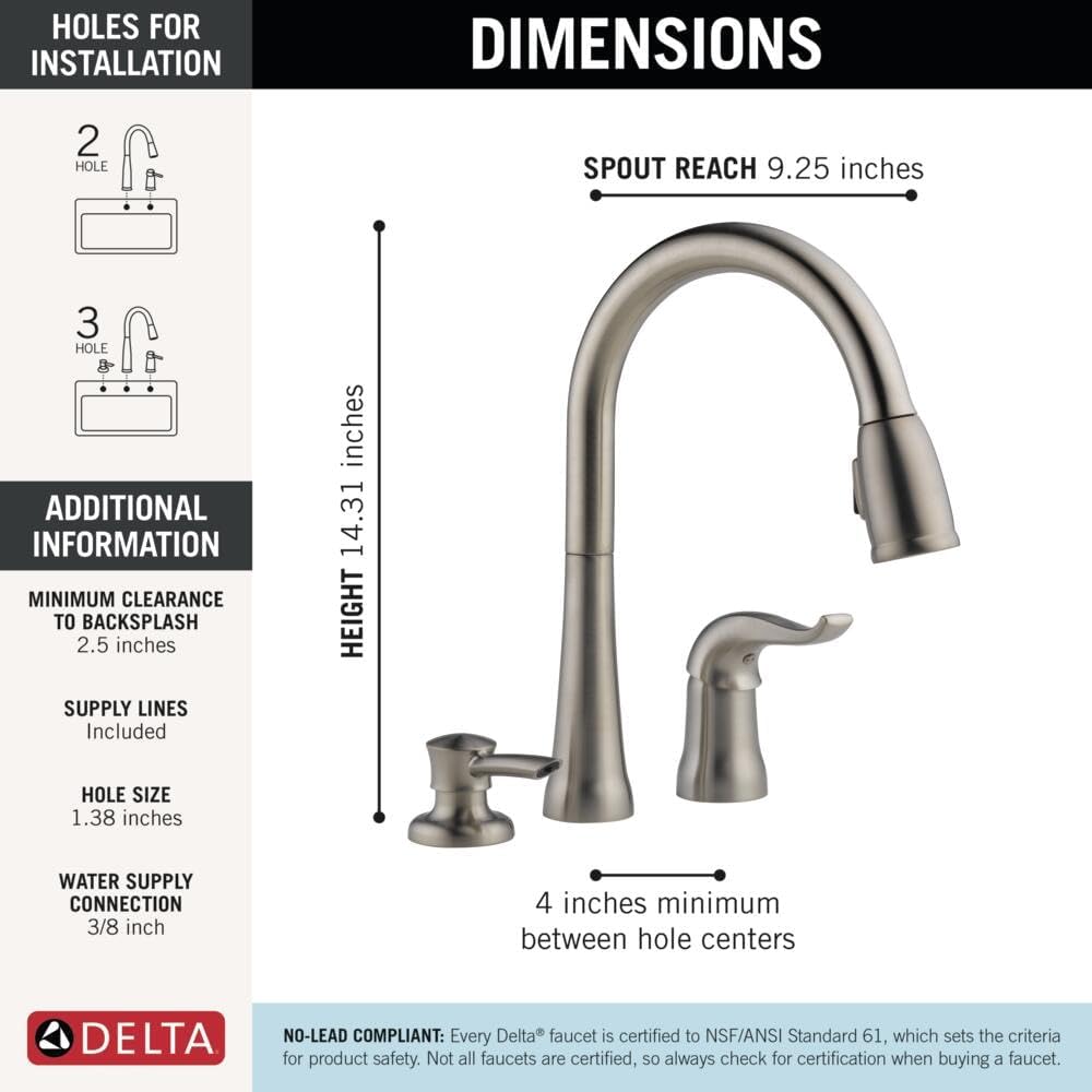 Kate Brushed Nickel Kitchen Faucet with Pull Down Sprayer and Soap Disperser, Modern Two Hole Kitchen Sink Faucet