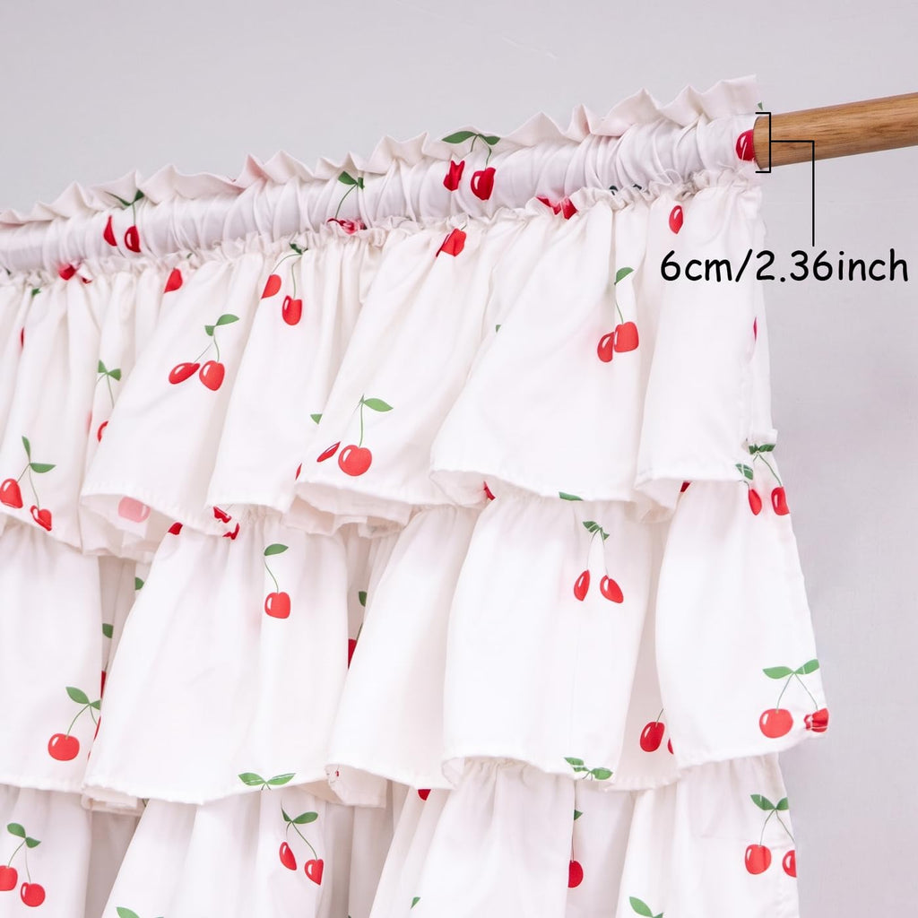 White Ruffled Valance for Small Window Red Cherry Print 52W x 18L 1PC
