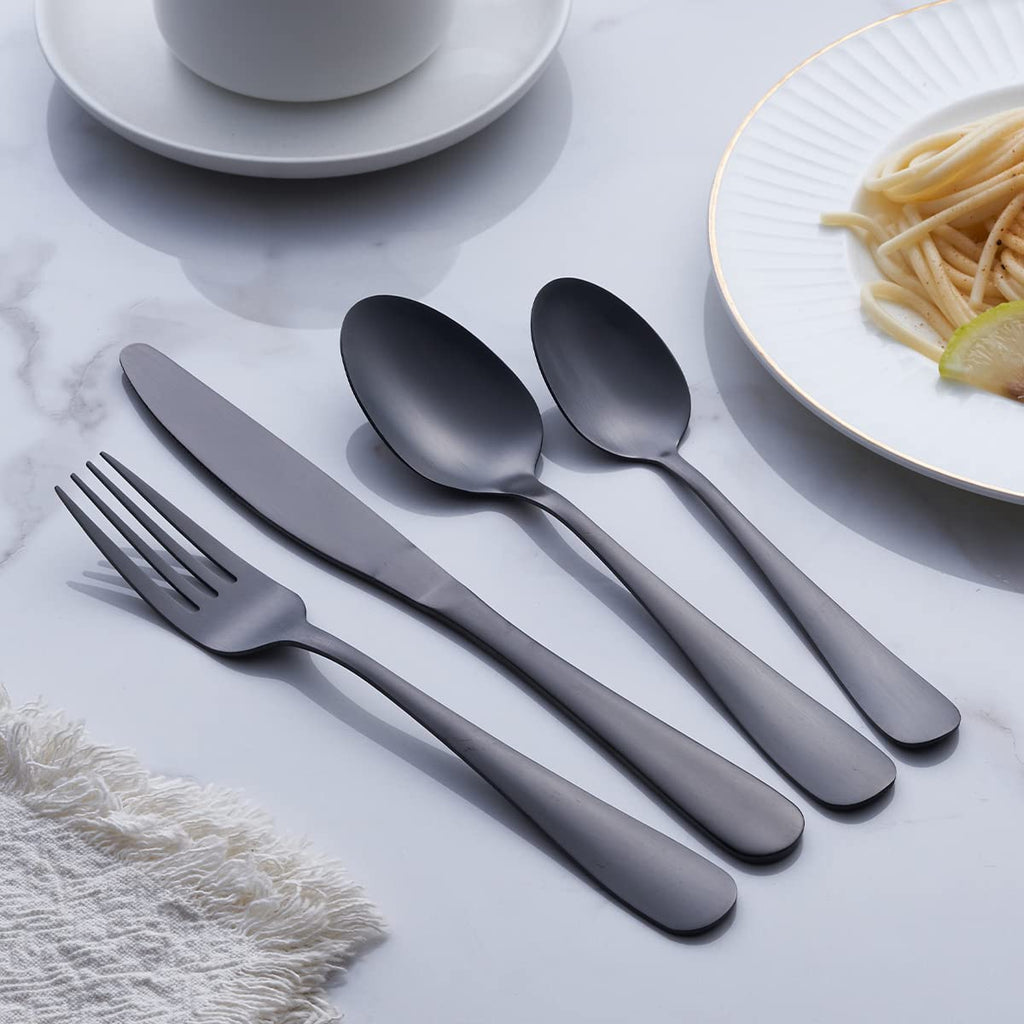 Matte Black Silverware Set, 24-Piece Stainless Steel Satin Finish Flatware Cutlery Set, Service for 6, Dishwasher Safe