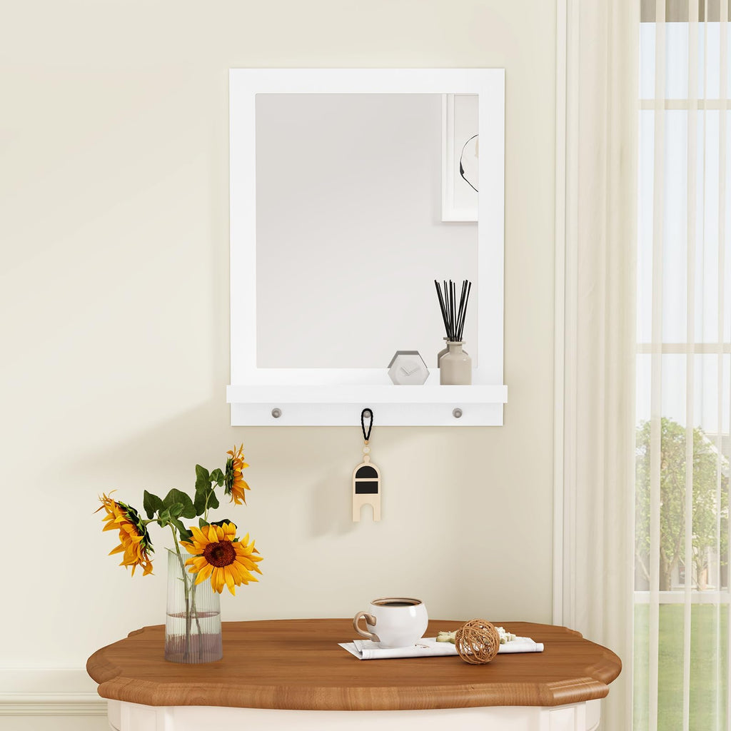 24" x 18.5'' Wood Wall Mirror with Shelf, Rectangular Hallway Mirror with Hooks, Hanging Wall Mirrors, White