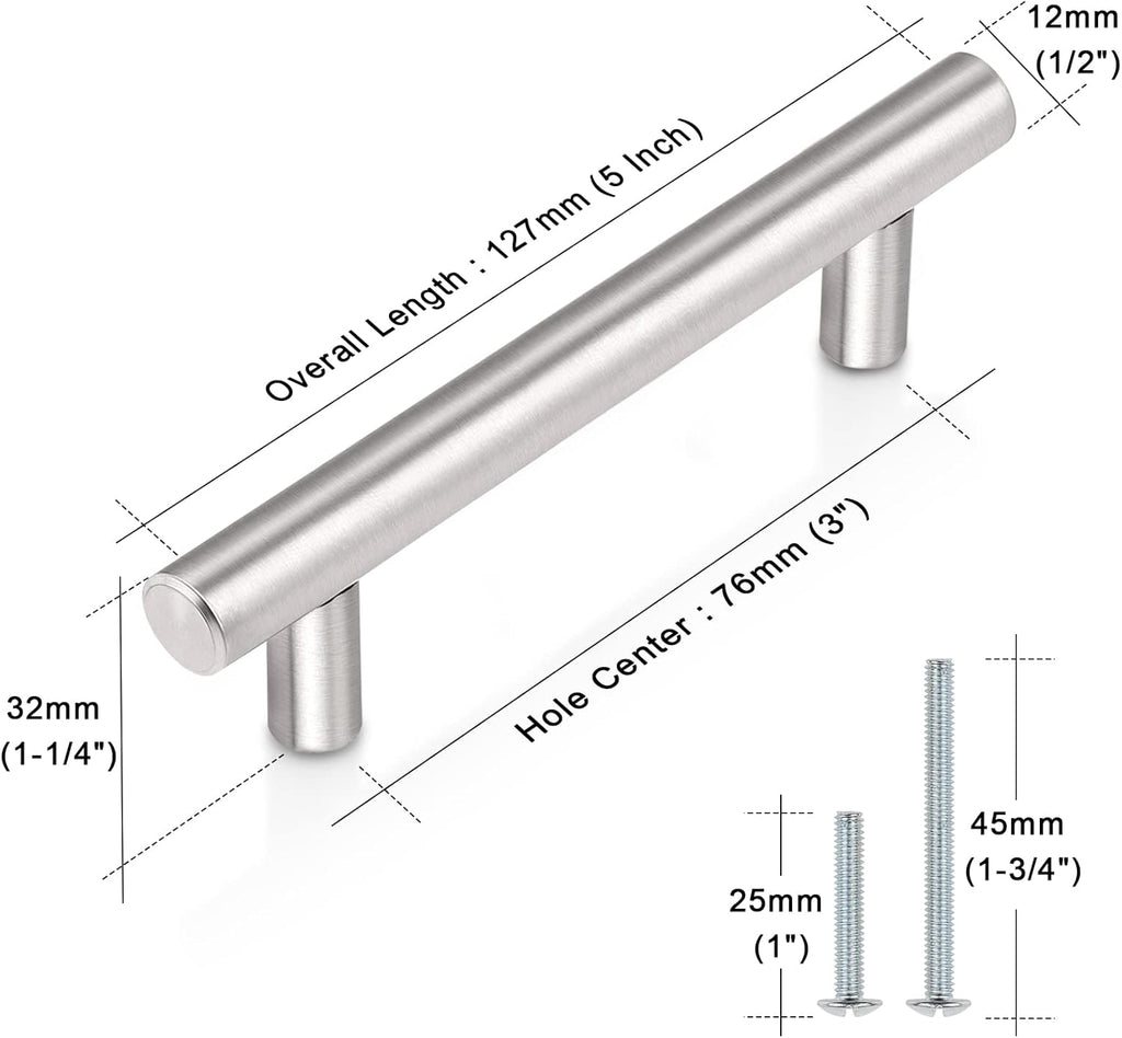 (30 Pack 3 Inch Hole Centers Kitchen Cabinet Handles Euro T Bar Cabinet Pulls Stainless Steel Kitchen Drawer Handles