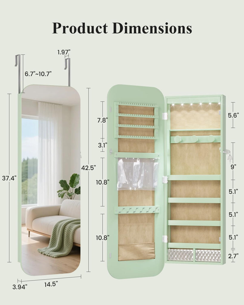 6 LEDs Mirror Jewelry Cabinet Door Hanging, 42.5", Lockable, Green