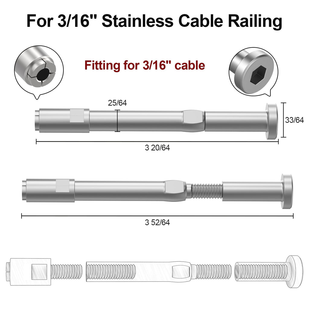 20 Pack 3/16" Swageless Invisible Cable Railing Kits