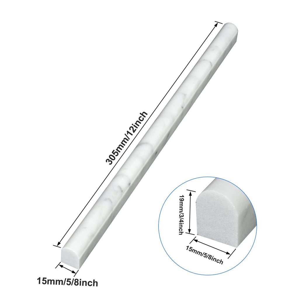 Carrara White 12 Pack of 3/5''x12'' Marble Pencil Liner Tile, Edge Trim Molding for Shower, Polished Bullnose Tile