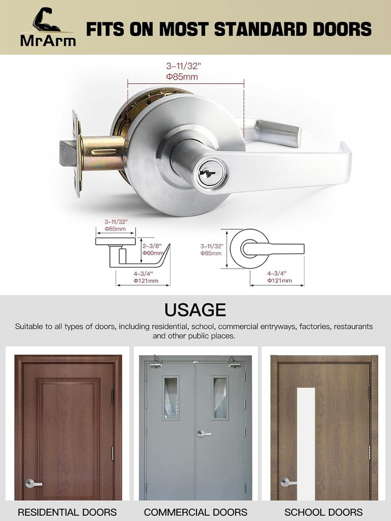 Commercial Door Lever Lock, Heavy-Duty Locking Door Handle, Designer Door Handles, Cylindrical Lever Lock, Non-Handed