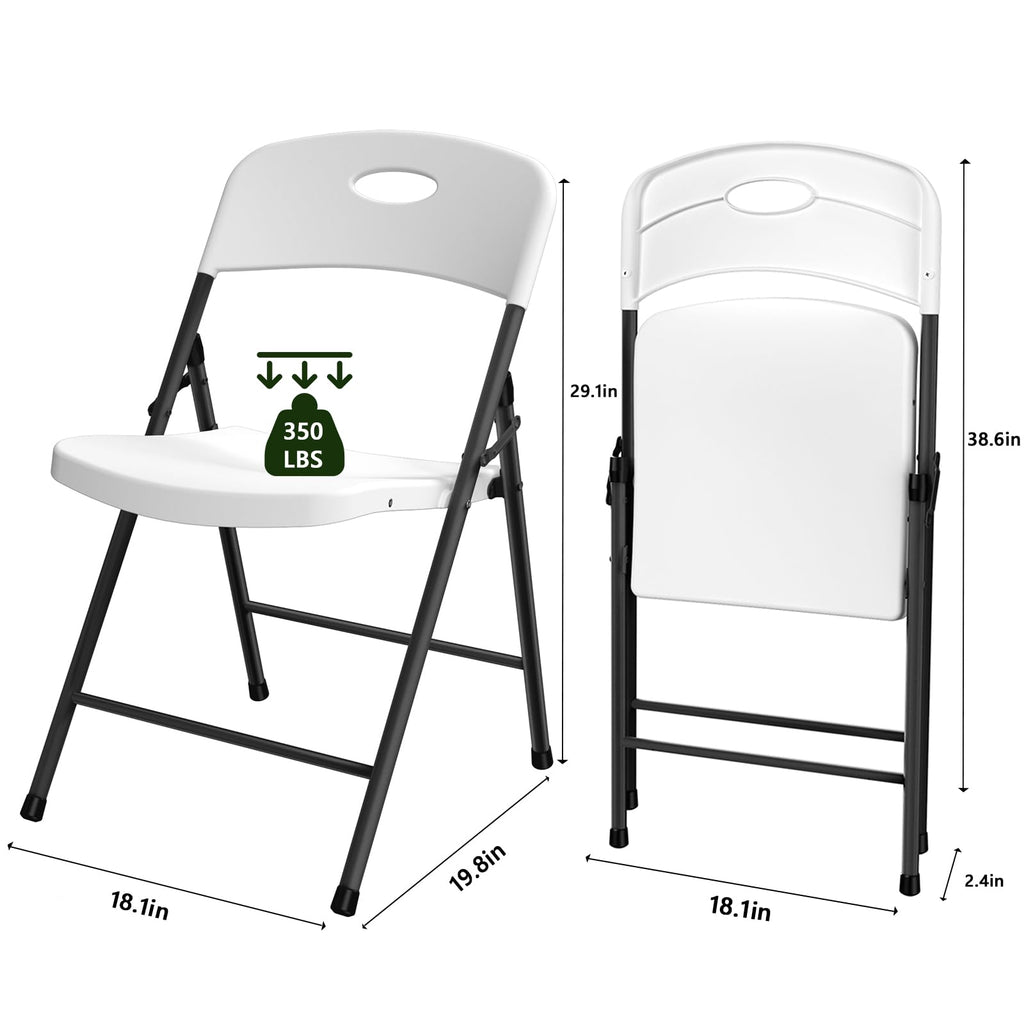 White Folding Chairs 6 Pack, Outdoor Portable Plastic Foldable Chairs with Metal Frame, 350lbs Capacity Heavy Duty