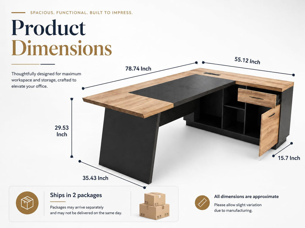 Office Desk with Drawers, 78.74 Inches L-Shape Executive Desk, Industrial Wood Desk with Storage Shelves, Modern