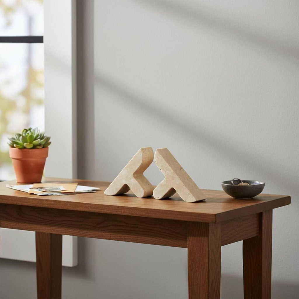 Stone Bookend Travertine Herringbone Minimalist with Natural Texture Keeps Books Upright Adds Calm Sculptural