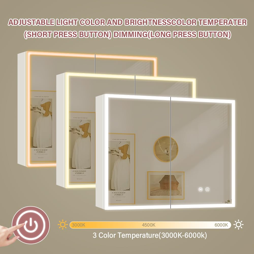 White LED Mirror Medicine Cabinets, Surface Mounted 32 x 24 Inch Bathroom Mirror Cabinet with Lights 3 Colors