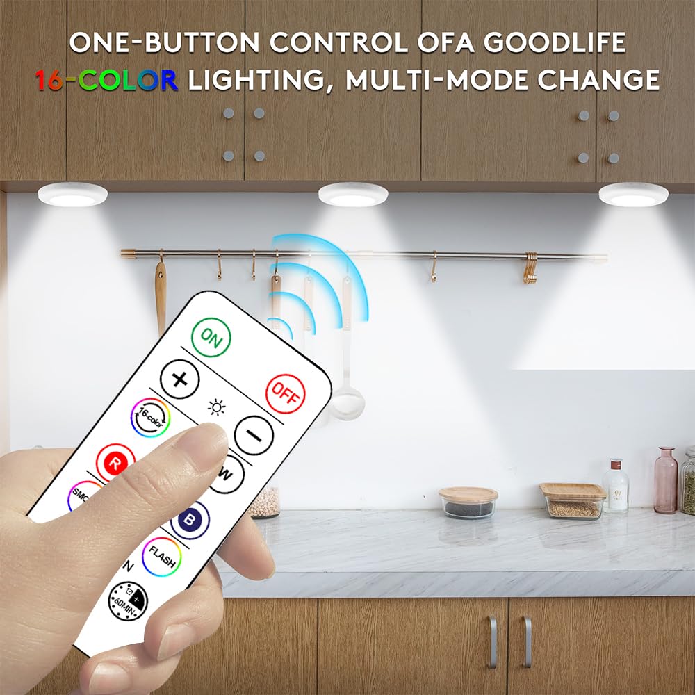 Wireless 16 Color Changing LED Puck Light 12 Pack LED Under Cabinet Lighting Closet Light Battery Powered Night