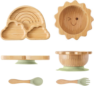 Bamboo Suction Plates Bowls Set for Baby Toddler Divided Platter Food bowl with Silicone Fork & Spoon All-Natural