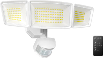 7500LM Motion Sensor Outdoor Lights, 150-LED 3-Head Security Light with Remote Control, 300°Wide Angle Flood Wall