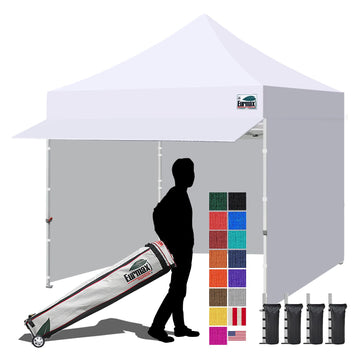 USA 10x10 Pop Up Canopy, Commercial Tent with Patented No-Tip Rolling Bag, 30sqft Extension Awning & 4 Zippered