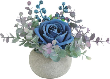 Small Artificial Blue Rose Potted Plant, Mini Faux Floral Decor