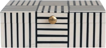 Plastic Storage Box with Striped Block Pattern and Gold Knob, Black and White