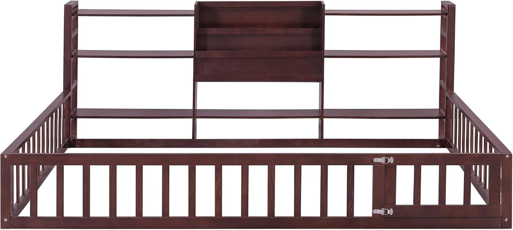 Montessori Floor Bed with Bookcase, Shelves and Fence