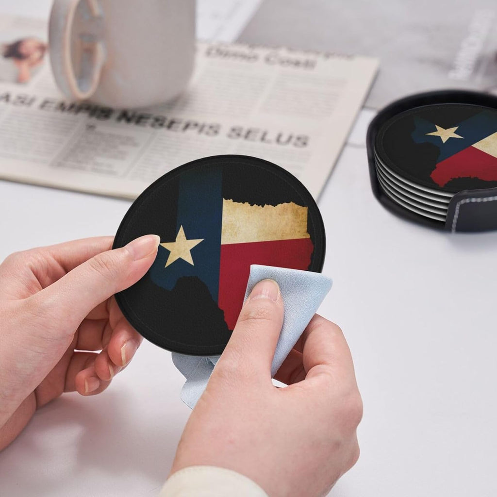Texas Flag Coasters for Drinks with Holder Round Leather Coasters Cups Mugs Mat Pad Kitchen Bar - Set of 6