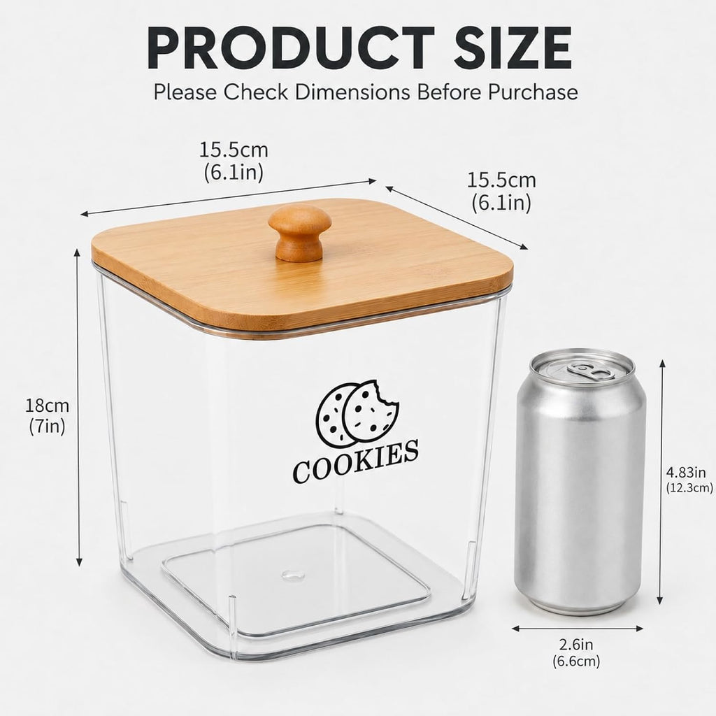Cookie Jars with Wooden Lids Airtight, 2L Plastic Cookie Tin, Wide Mouth Candy Jar, Kitchen Counter Food Storage
