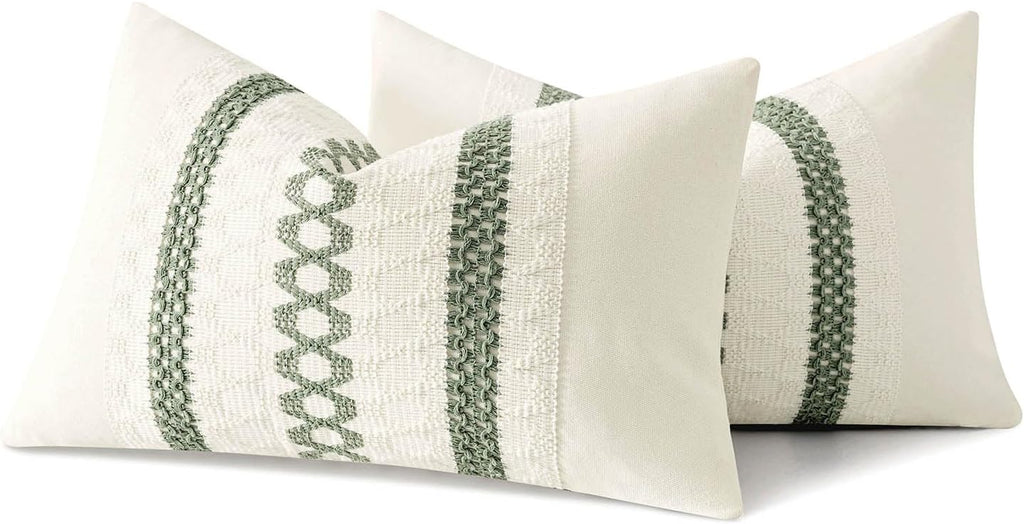 Set of 2 Sage Green Boho Decorative Lumbar Pillow Covers 12x20 Inch Farmhouse Rustic Couch Throw Pillows Modern