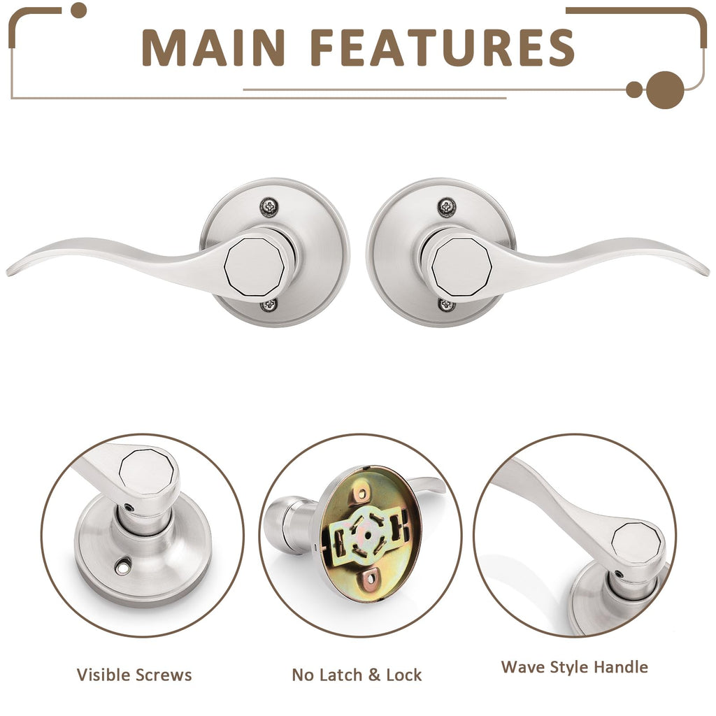 4 Pack Dummy Door Lever Door Handle for Left Hand and Right Hand, Wave Style French Door Handle with Satin Nickel