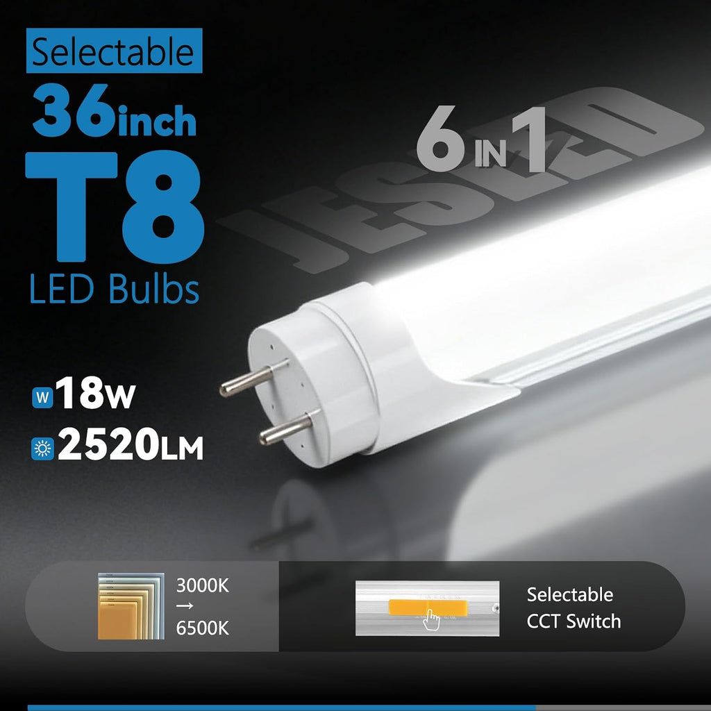 3ft T8 LED Bulbs, 6 CCT Selectable 3000K-6500K