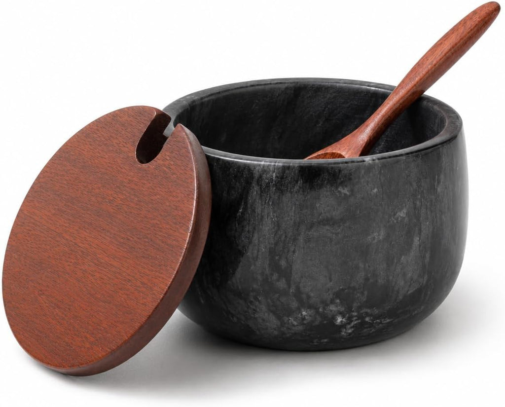 Marble Salt Cellar with Lid and Spoon, Acacia Wood, Black