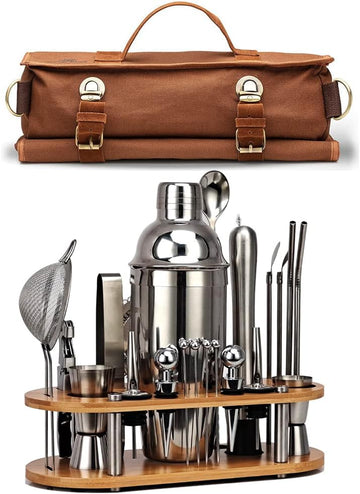 Bartender Kit | Professional 24-Piece Mixology Bar Tool Set | with Travel Bartender Bag and Stylish Bamboo Stand - Set of 24