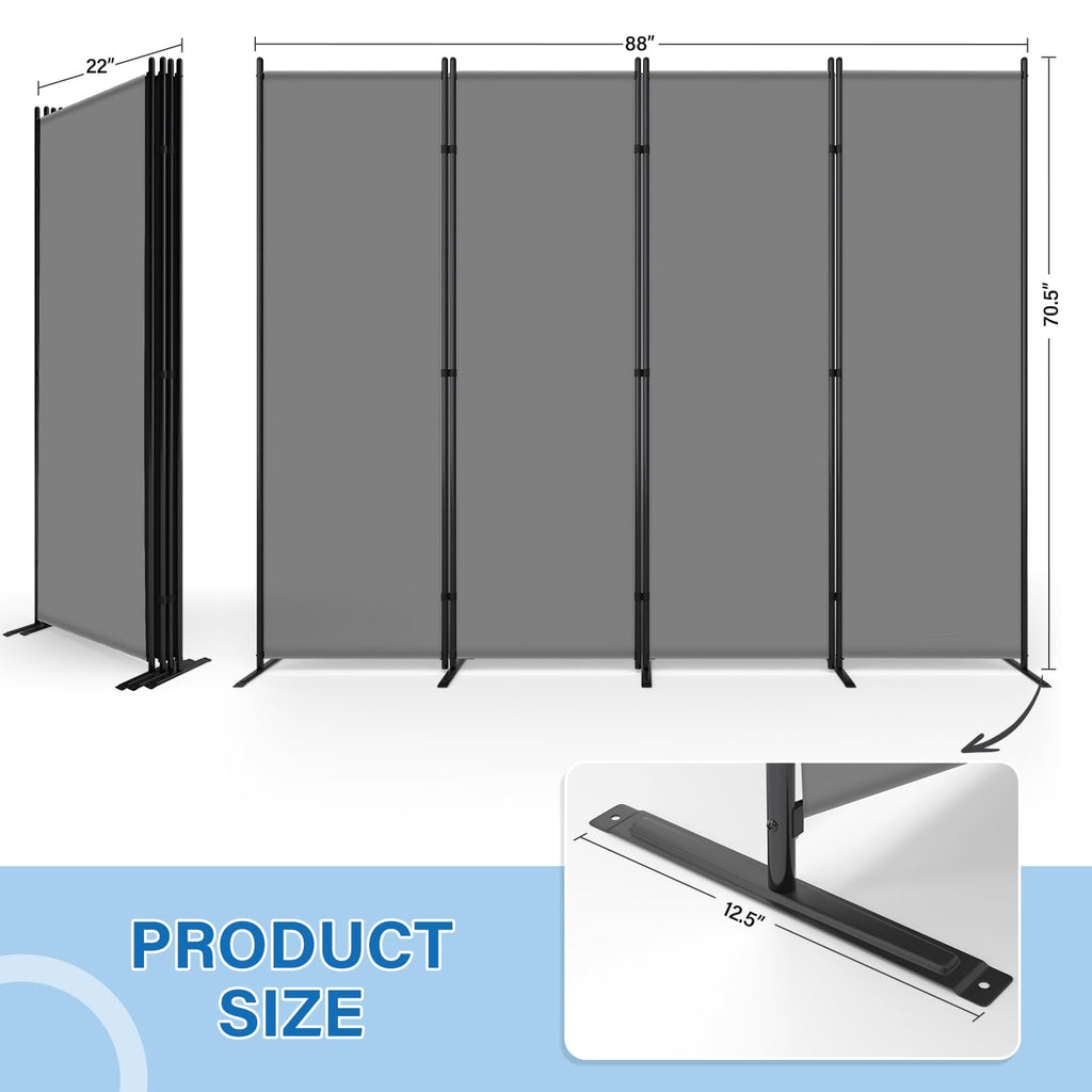 4 Panel Room Divider, 88" W x 6FT Fabric Folding Privacy Screen, Grey