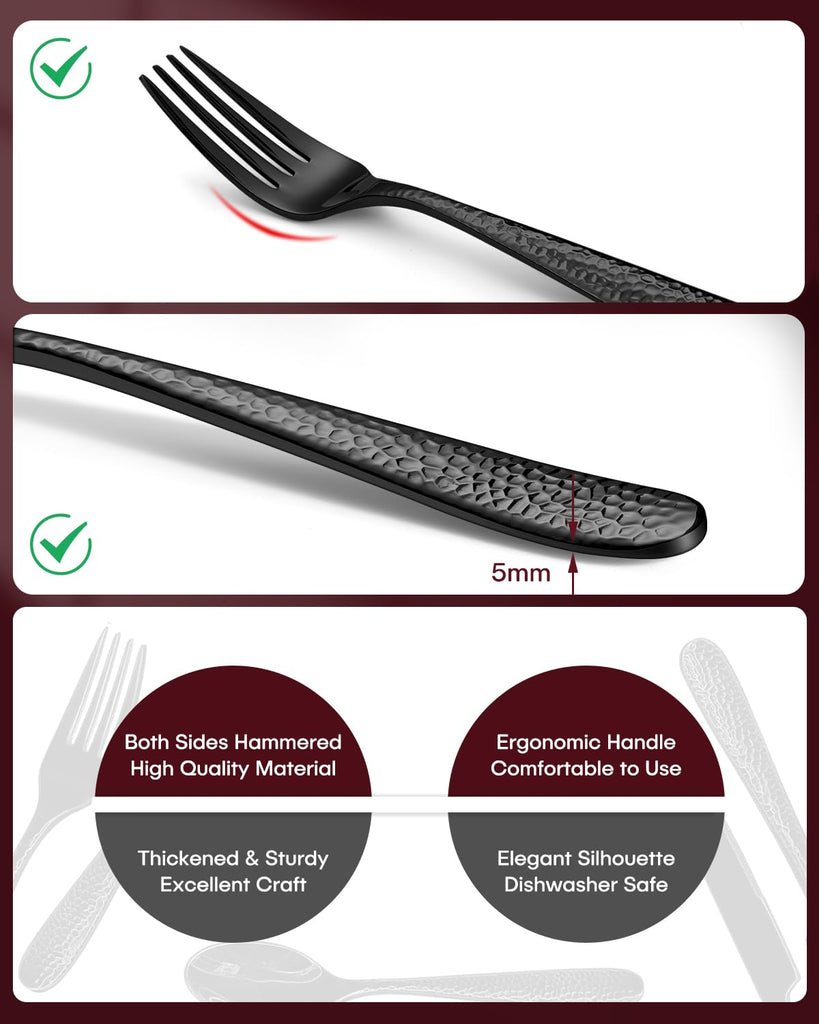 Hammered Black Silverware Set, 48 Pieces Flatware Set for 8, Heavy Duty Stainless Steel Cutlery, Food-Grade Utensil