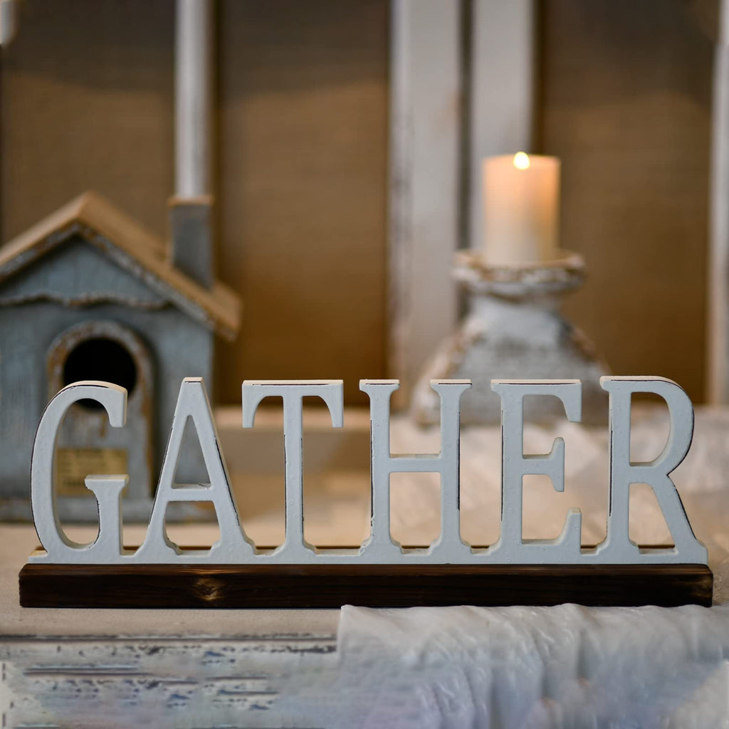Rustic Wooden Gather Signs Decor 16", Distressed White