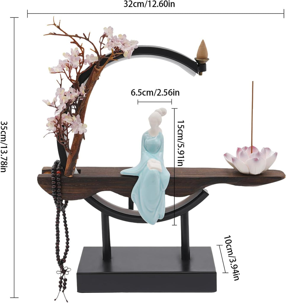 Backflow Incense Burner, Chinese Style Peach Blossom Incense Holder with LED Light, Ceramic Incense Cone Burner Home
