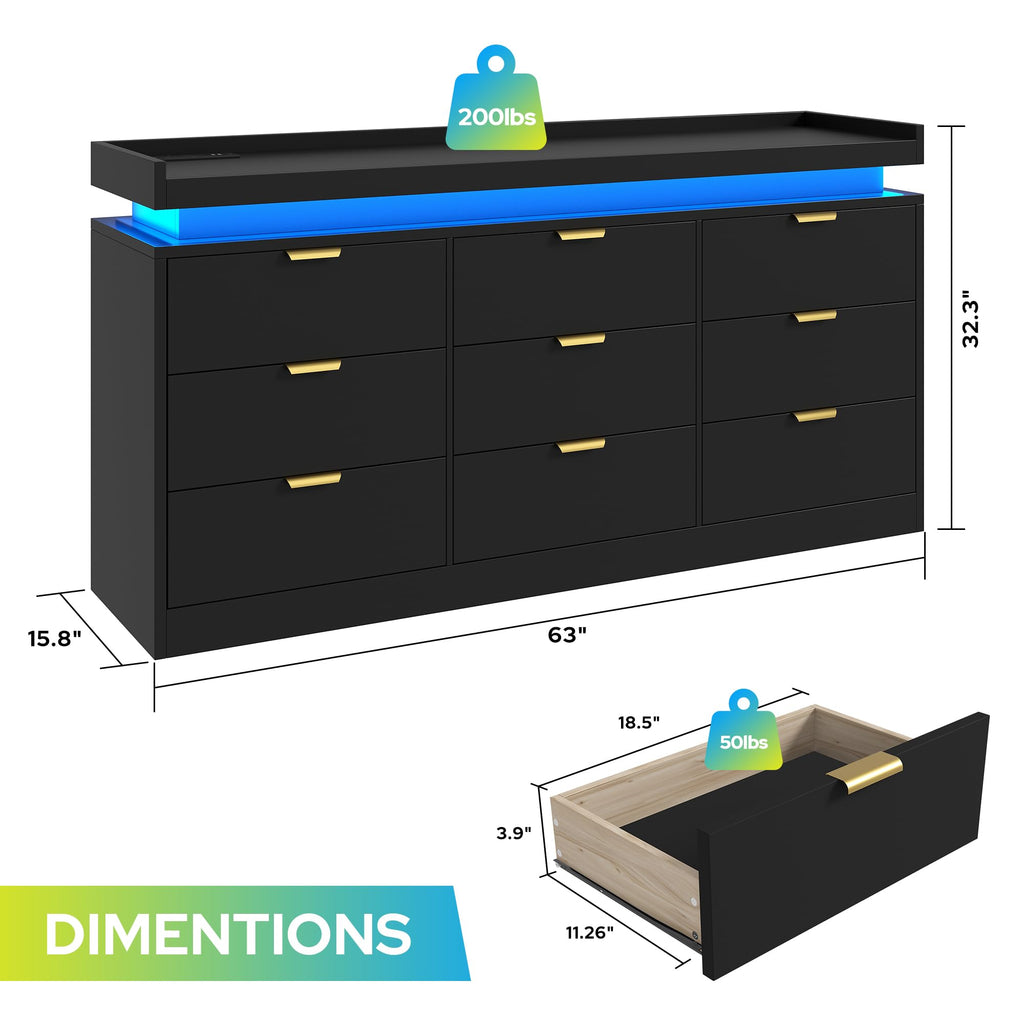 9 Drawer Dresser, Black Dresser with LED Lights and Power Outlet, Large Wooden Dressers Modern Chest of Drawers