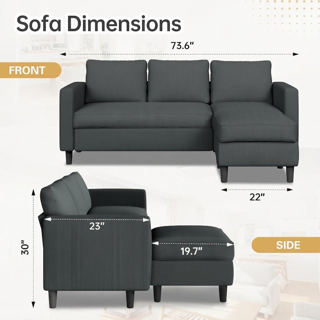 3-Seat Reversible Sectional Sofa with Ottoman, Small Couch, Grey