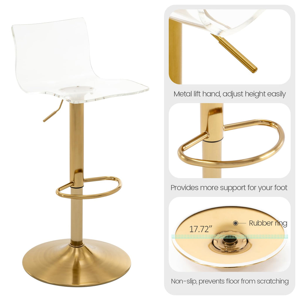 Acrylic Bar Stools with Mid Back Set of 2 Adjustable Swivel Clear Gold Base