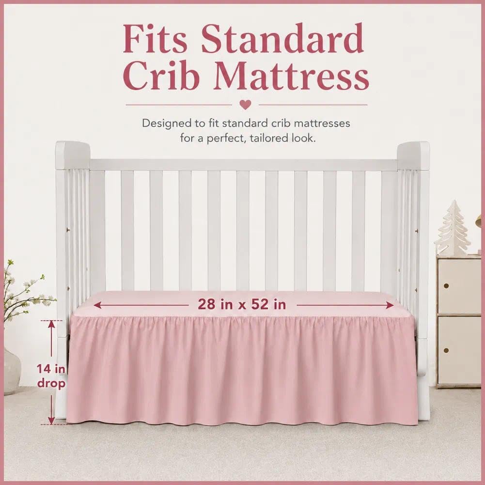 Crib Skirt Dust Ruffle 14" Drop, Fits 28" x 52", Pink