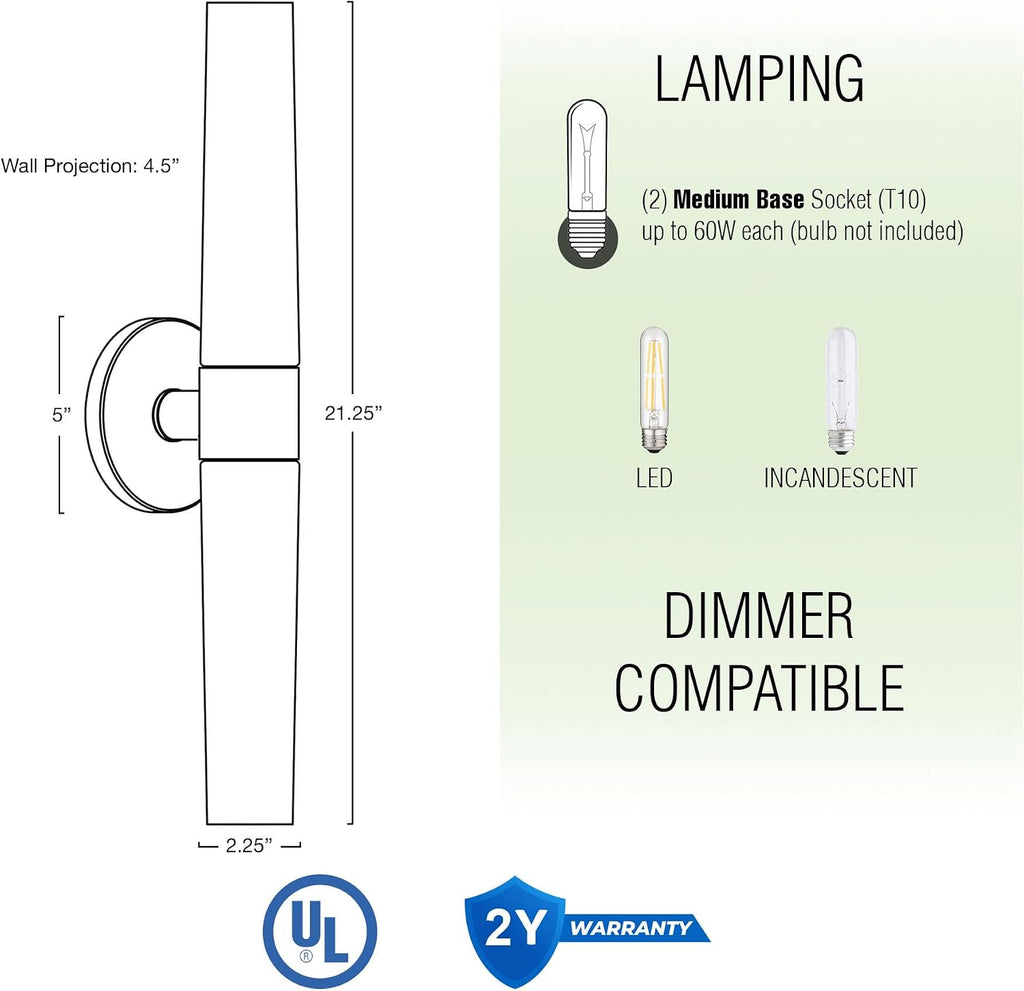 Duo 21" Modern Gold Wall Sconce with Frosted Glass Cylinder Shades, Linear 2-Light Gold Wall Light, Cool Brass Finish