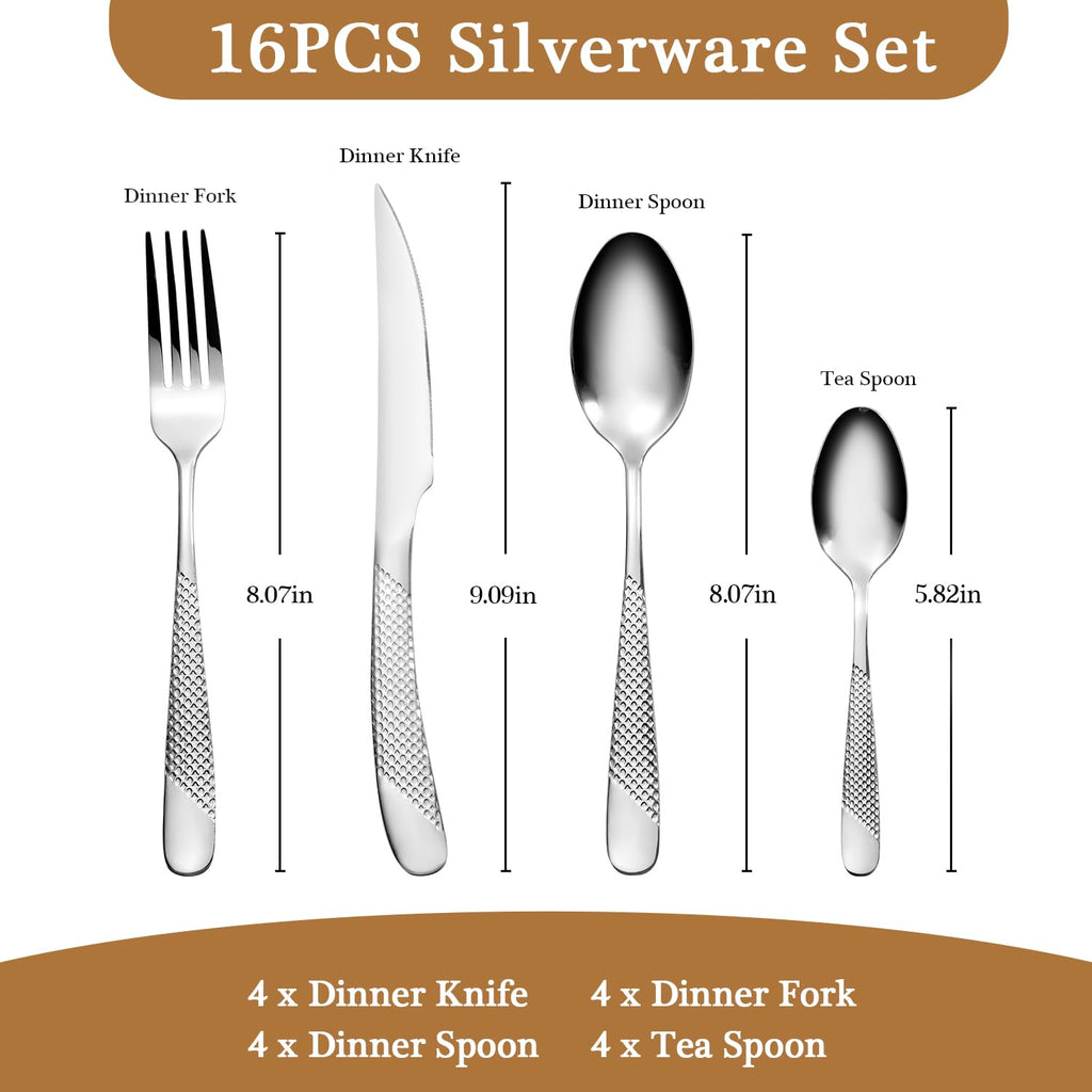 16 Piece Hammered Silverware Set for 4, Premium Food-grade Stainless Steel Flatware Set, Modern Design & Mirror