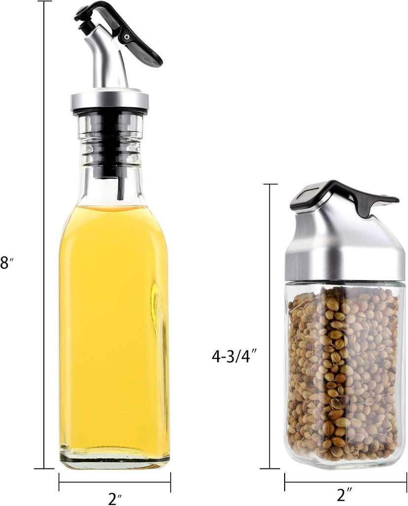 Oil Vinegar Dispenser Bottles Set with Caddy Stand, Tabletop Glass Salt Pepper Shaker Olive Oil Vinegar Cruets - Set of 5