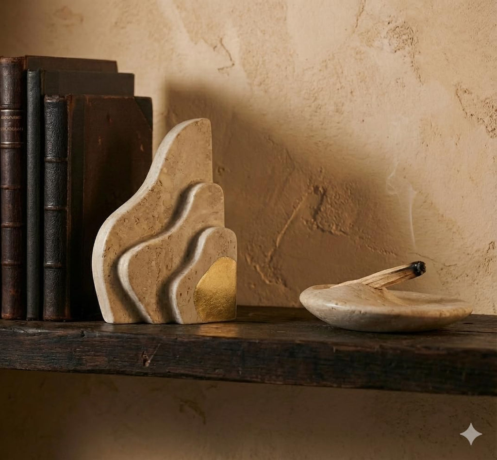 Modern Stone Wave Bookend with Gold Accent - Sculptural Shelf Decor, Heavy Minimalist Book Holder, Contemporary Home
