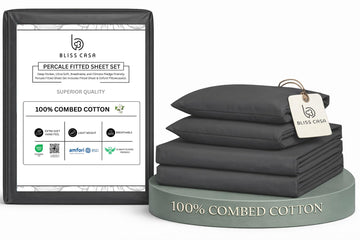 Percale Cotton Sheet Set Full Size, 4‐Piece, 100% Combed Cotton Sheets, Crisp & Cool, 16 in Deep‐Pocket Fitted Sheet