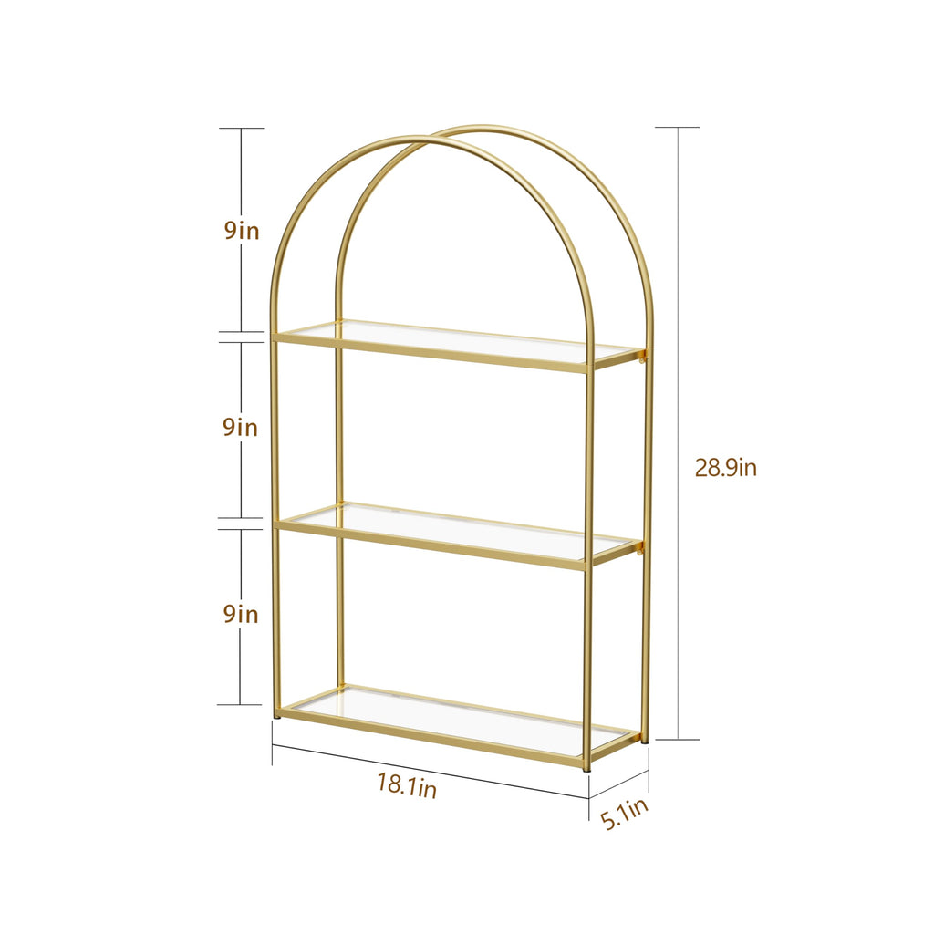 3-Tier Arched Wall Shelf with Gold Frame & Transparent Shelves
